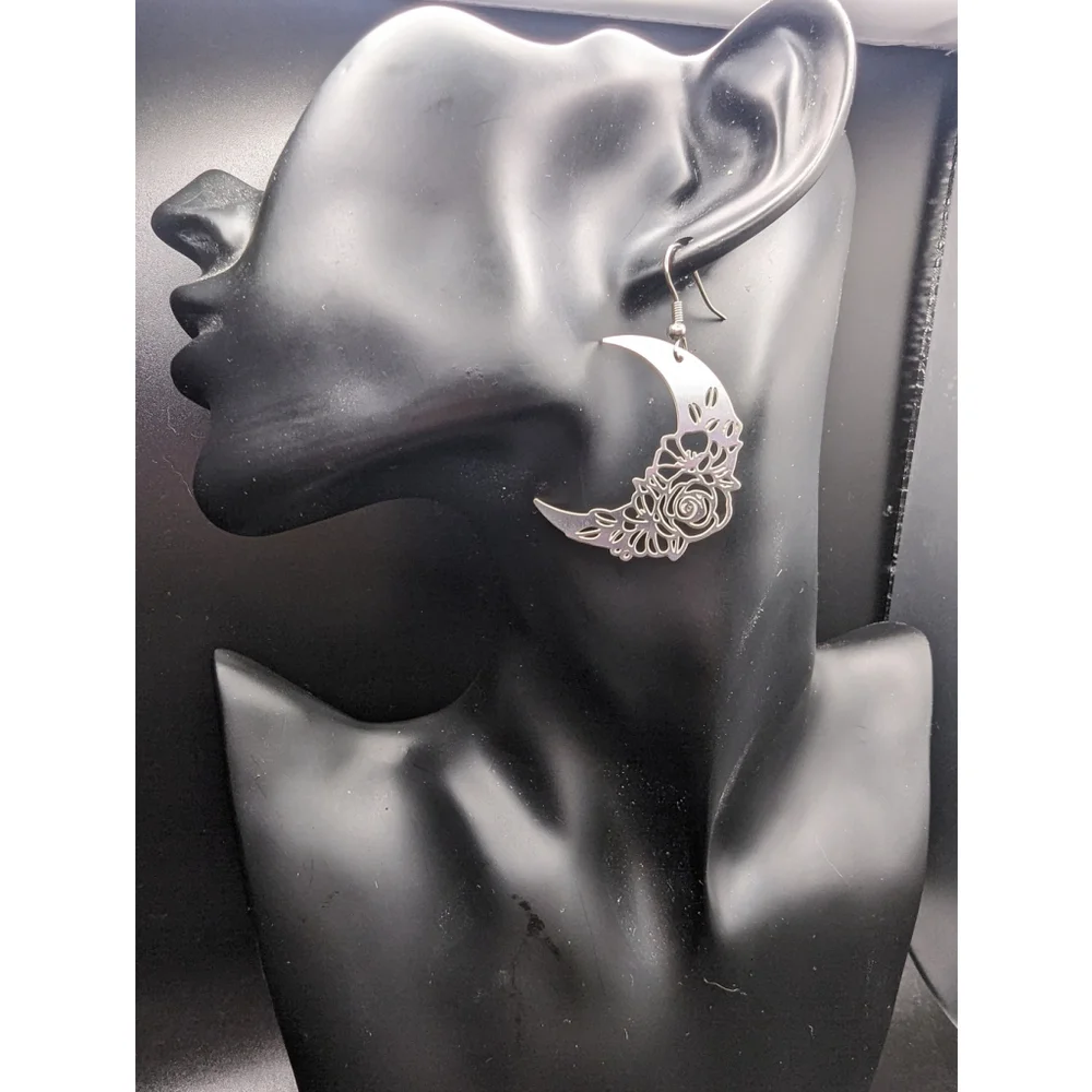 Floral Crescent Moon Earrings Celestial Stainless Steel Dangle
